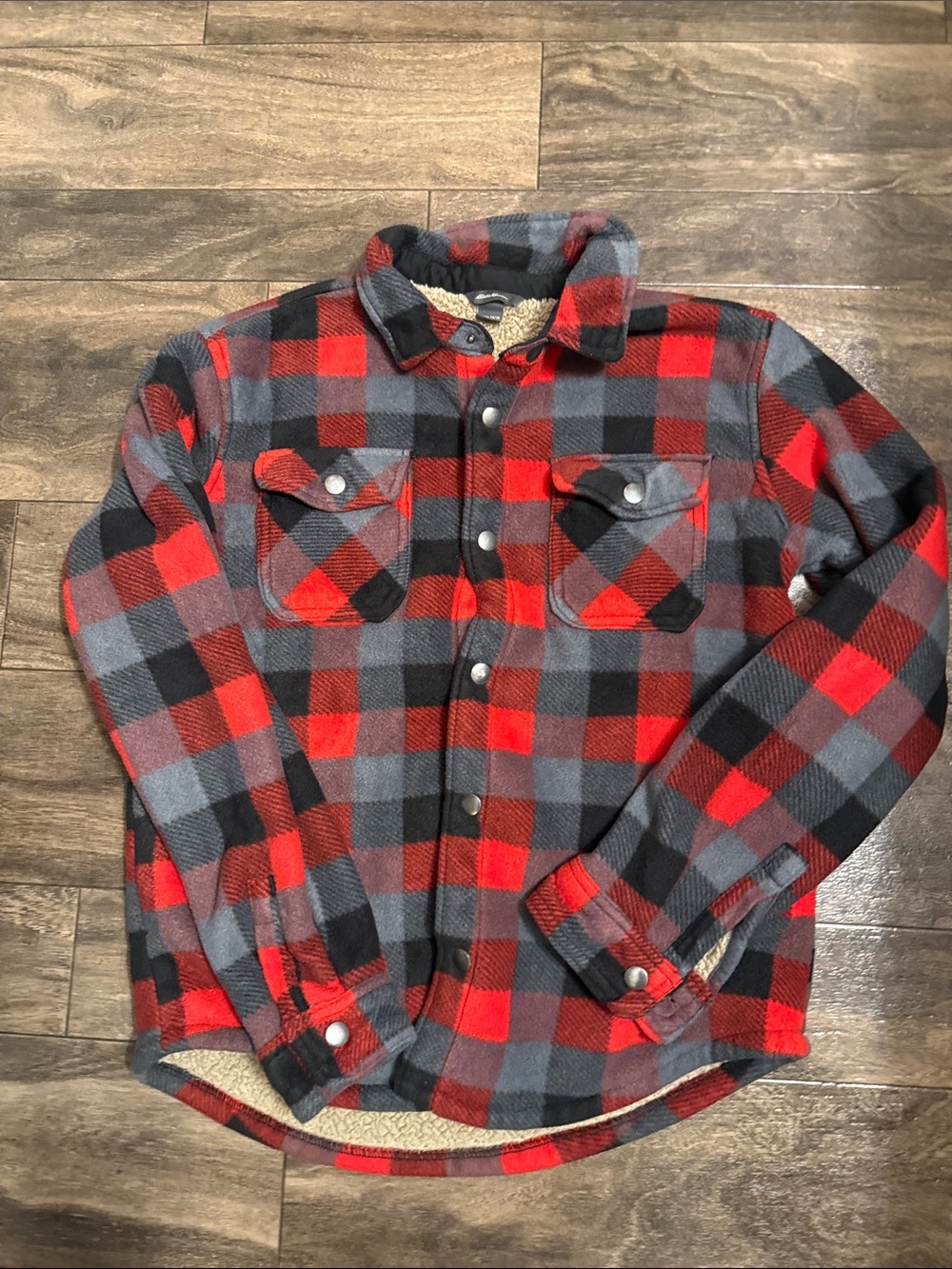 Eddie Bauer Red and Gray Buffalo Check Sherpa-Lined Button-Down Shirt Jacket